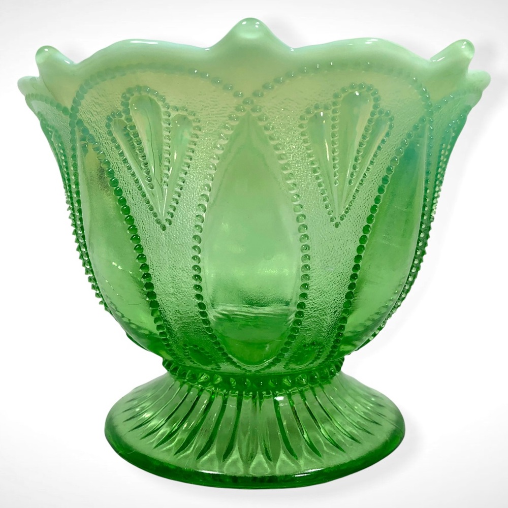 Antique Glass 1906 Northwood Roulette Green Opalescent Nut Bowl 5.75” Tall